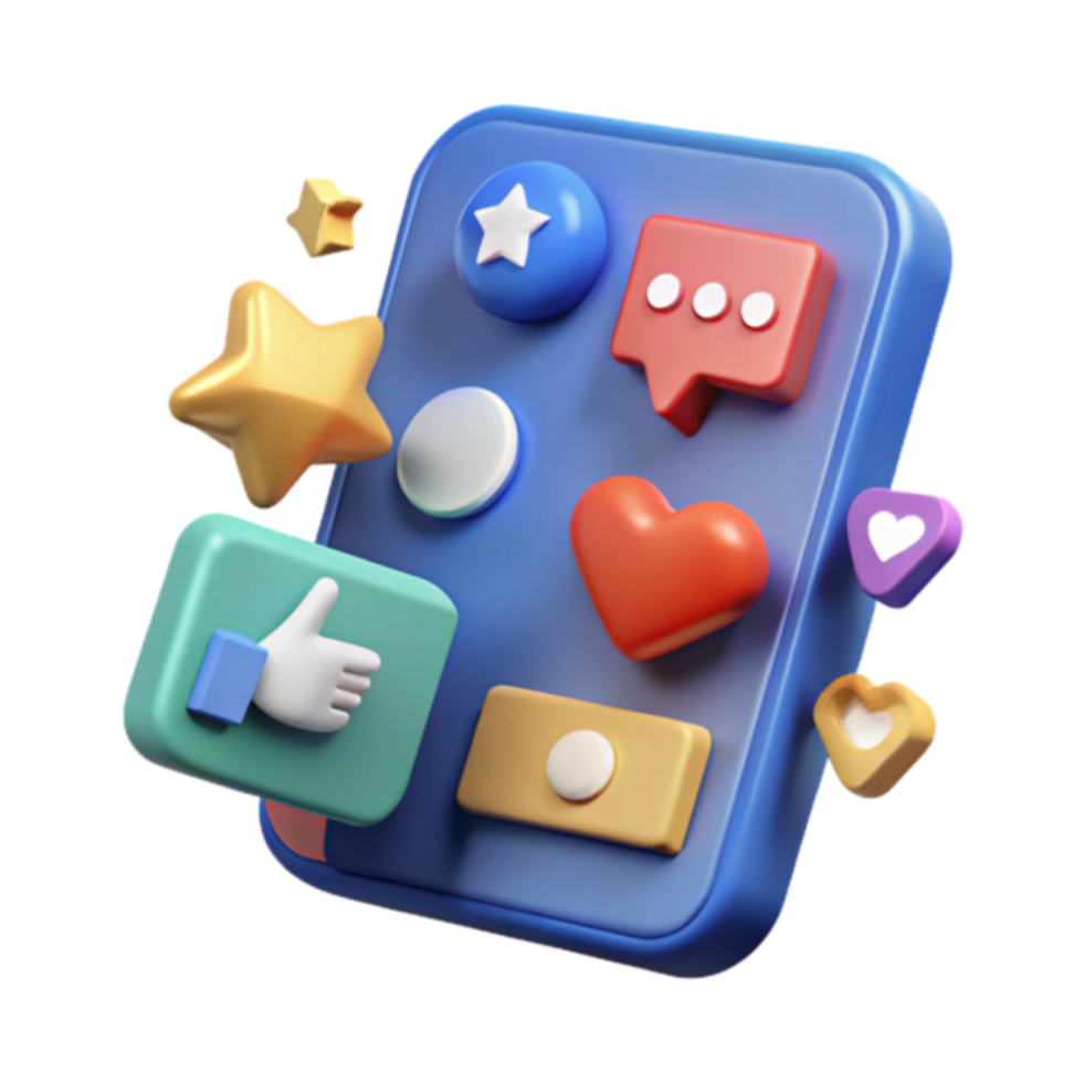 3D Render of Social Media Icons on Smartphone - Likes, Hearts, Stars, and Comments png