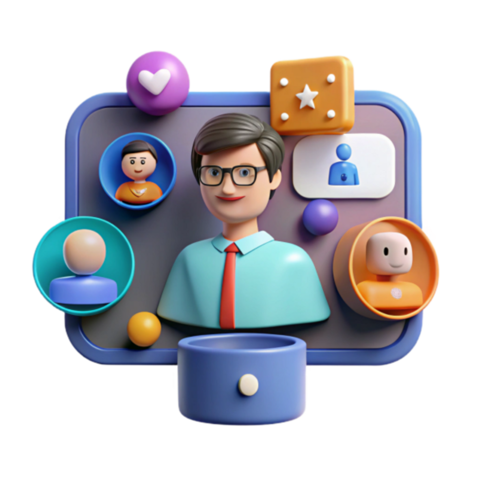 3D Illustration of Social Media Profile with User Icons and Interaction Elements png