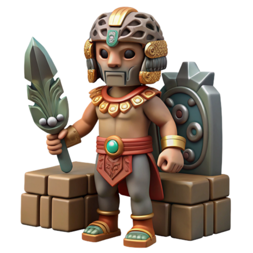 3D Render of Ancient Warrior with Stone Shield and Ceremonial Spear Illustration png