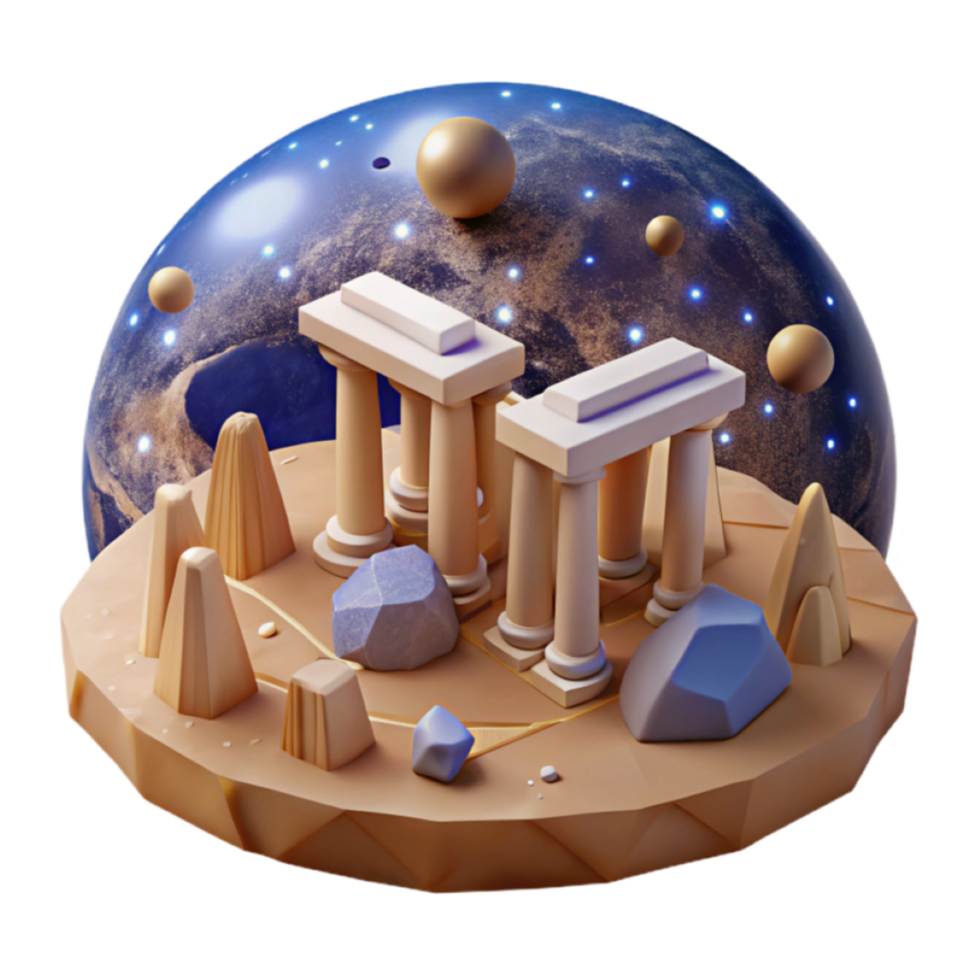 3D Render of Ancient Temple on a Miniature Planet with Stars png