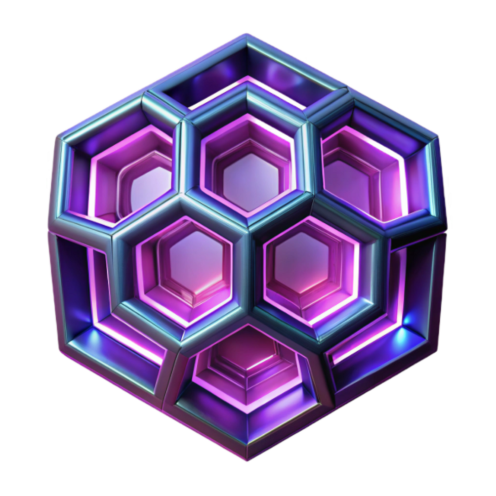 3D Render of a Hexagonal Geometric Structure with Purple and Teal Metallic Finish png