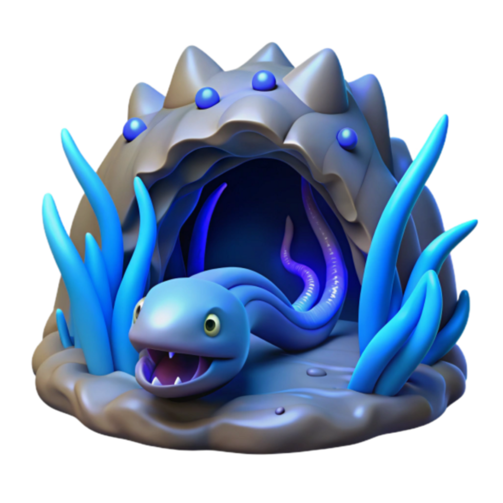 3D Render of a Cute Cartoon Eel in its Underwater Cave Home png