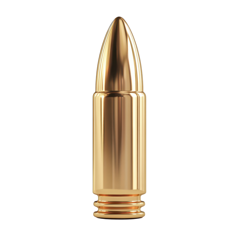 Polished gold bullet cartridge isolated on a white background showcasing its shine and detail, gold bullet cartridge on isolated on white background png