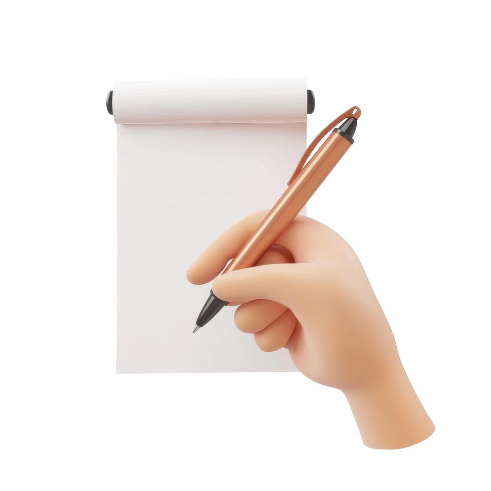 Cartoon hand holding pen poised over blank notepad ready for signing or writing notes, Sign Paper Concept 3D Cartoon Hand Holding Pen on Transparent background png