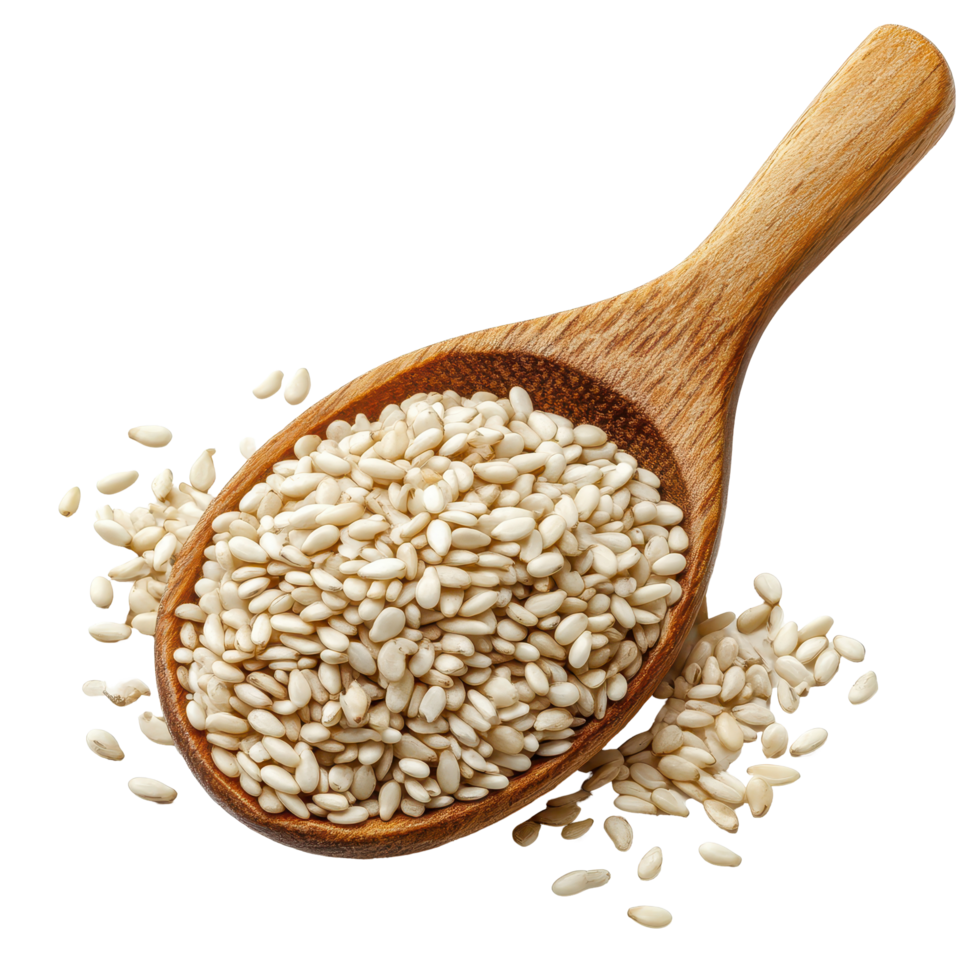 White sesame seeds in wooden spoon isolated on Transparent background for cooking and garnishing, White sesame isolated on background png