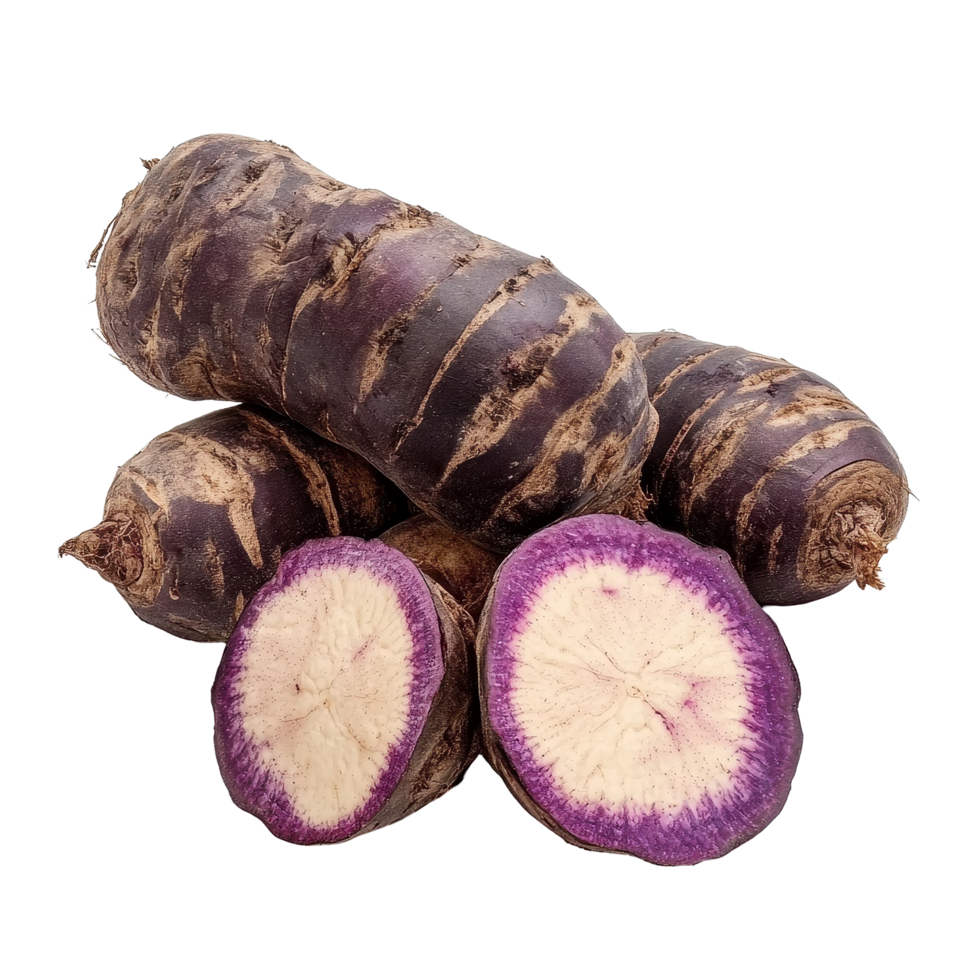 Sweet taro root on Transparent background showcasing its unique purple interior and exterior textures, sweet taro root isolated on background png