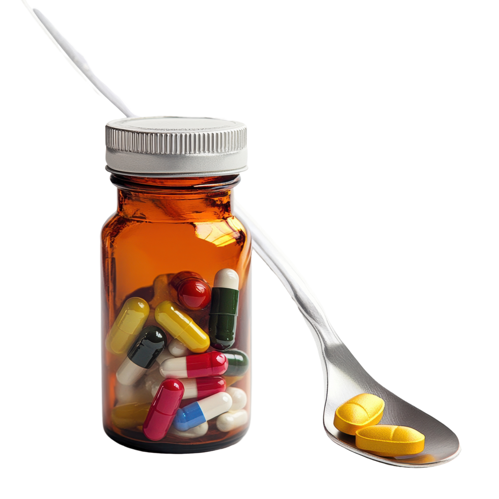 Different types of medicine and supplements in a bottle with a spoon on a Transparent background, Medicines, supplements and drugs in a bottle with spoon png
