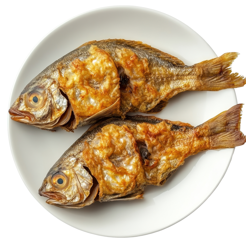 Crispy fried fish served on a white plate isolated against a clean background, small fried fish in plate isolated on Transparent background png