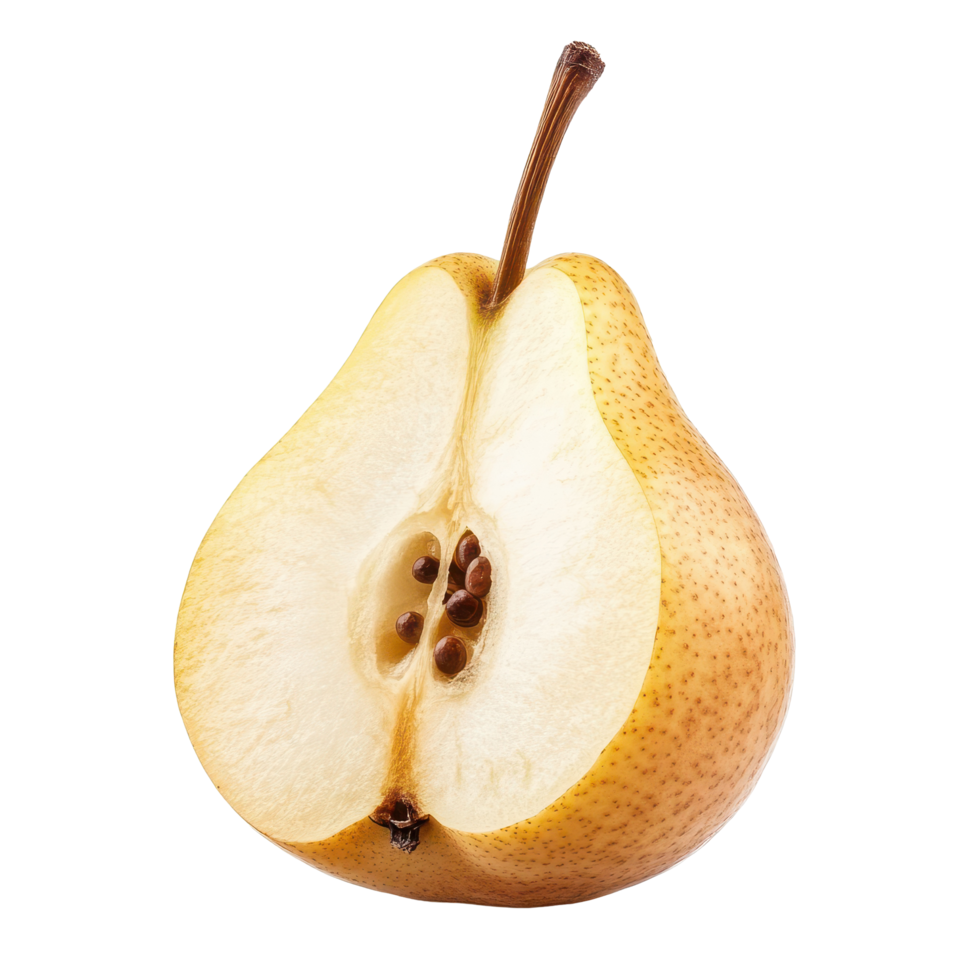 Half pear cut in half against a clean white background showcasing its juicy texture and seeds, half pear isolated on white background png