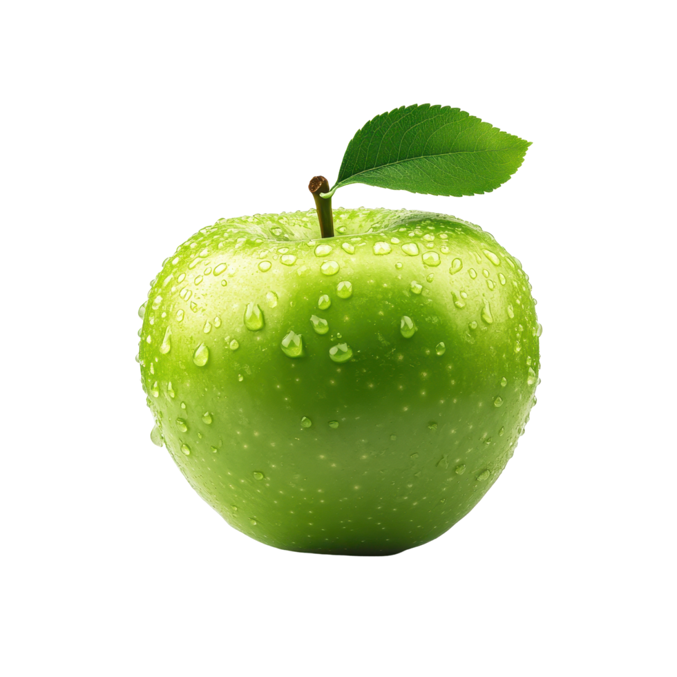 Fresh green apple on a white background with water droplets reflecting light and enhancing freshness, Green apple with water drop on white background png