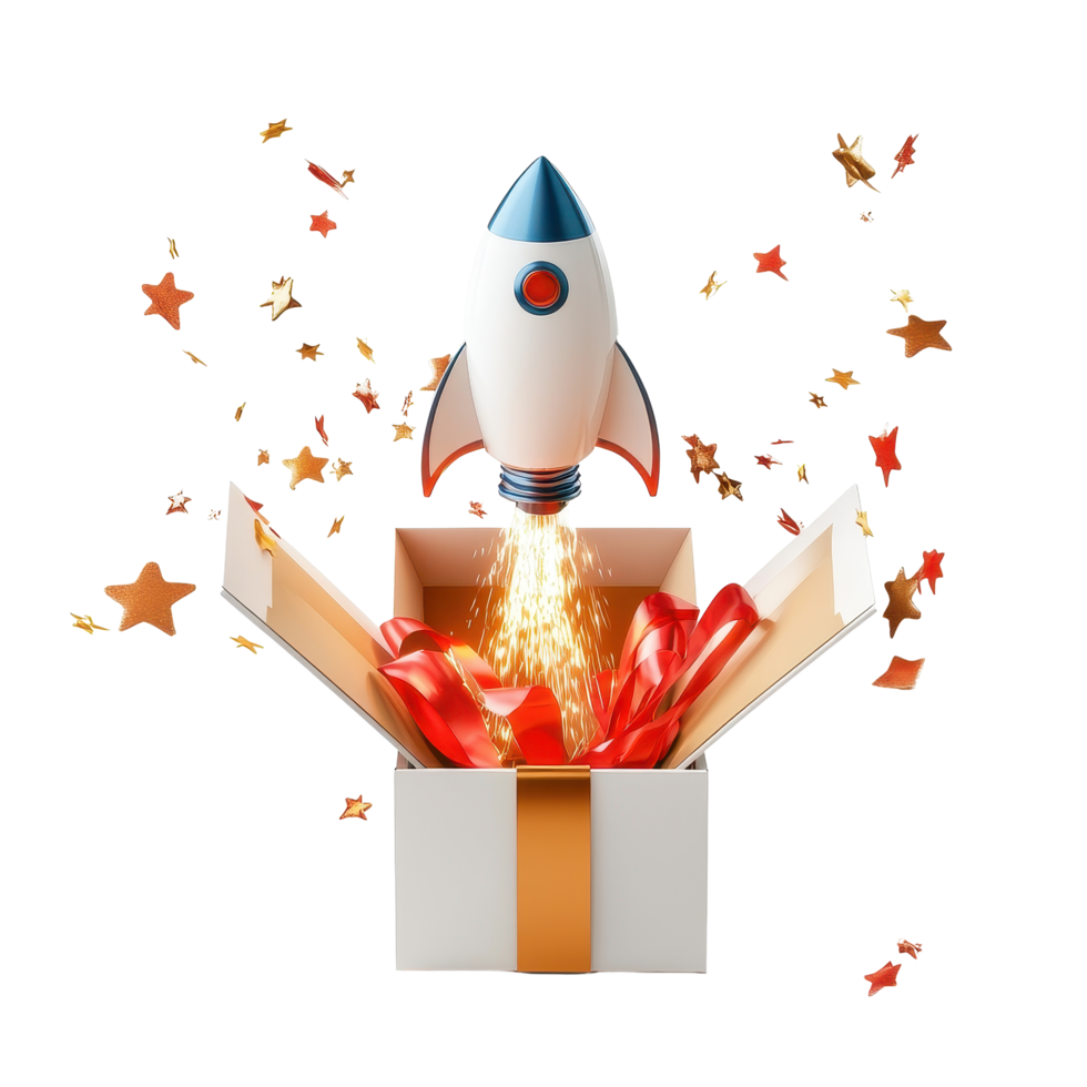Gift box opens to reveal rocket launching with festive decorations on Transparent background, Opening gift box and rocket background png