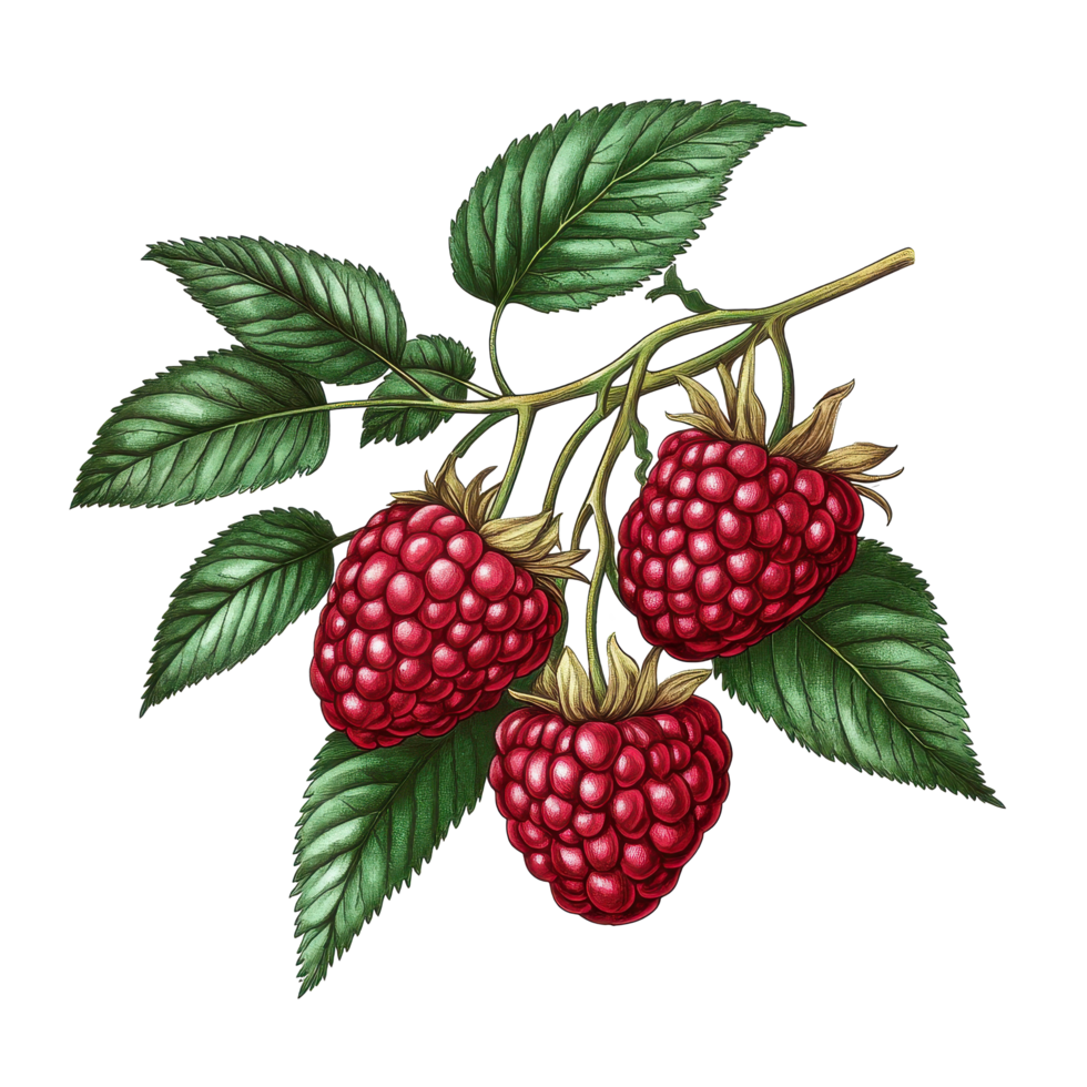Fresh raspberries with green leaves isolated on a Transparent background showcasing their vibrant color and texture, Raspberry Isolated on background png