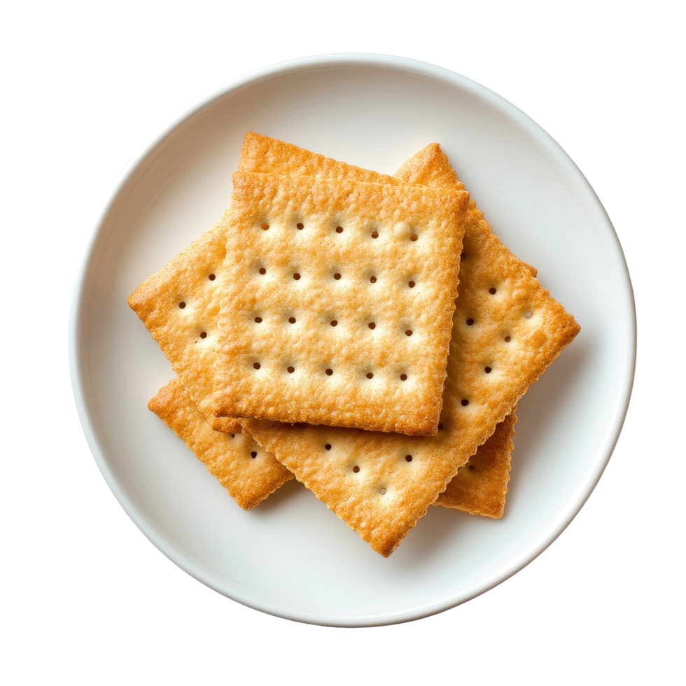 Crunchy crackers served on a small round plate showcasing their texture against a Transparent background, Cracker in plateisolated on background png