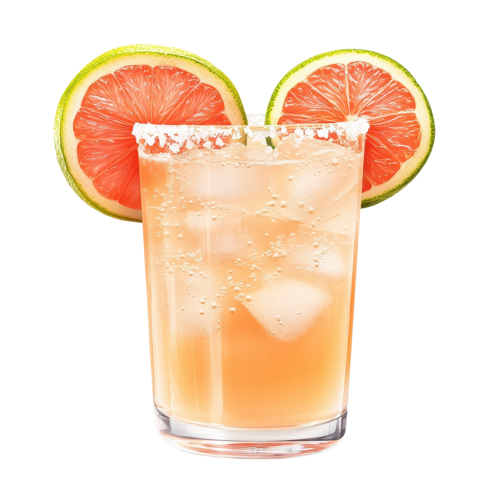 Classic paloma cocktail served in a glass with lime slices on a white background, Classic paloma cocktail isolated on white background png