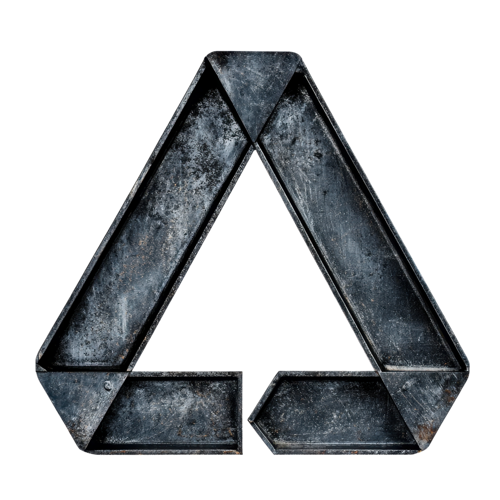 Metal triangle recycle symbol isolated on Transparent background with a vintage texture and worn appearance, Triangle recycle metal sign isolated on background png