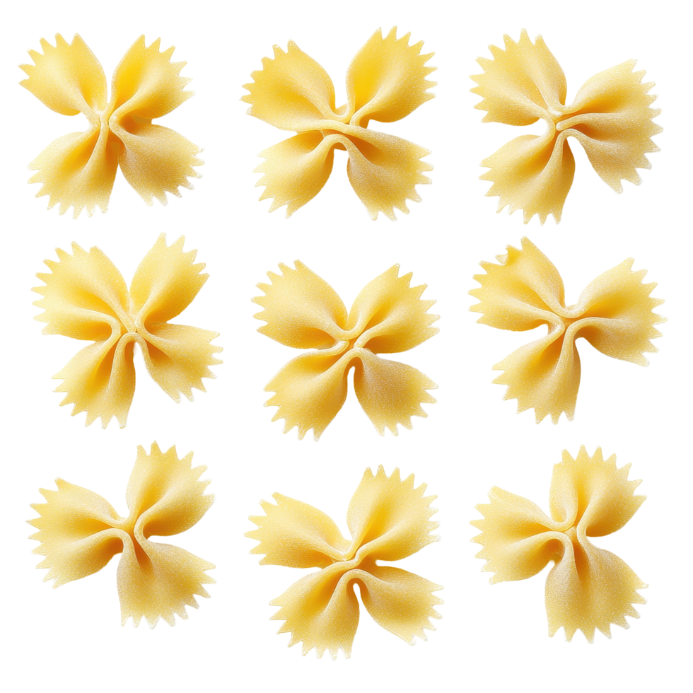 Farfalle pasta arranged in a neat pattern on a white background for culinary presentations and dishes, Farfalle pasta isolated onisolated on white background png