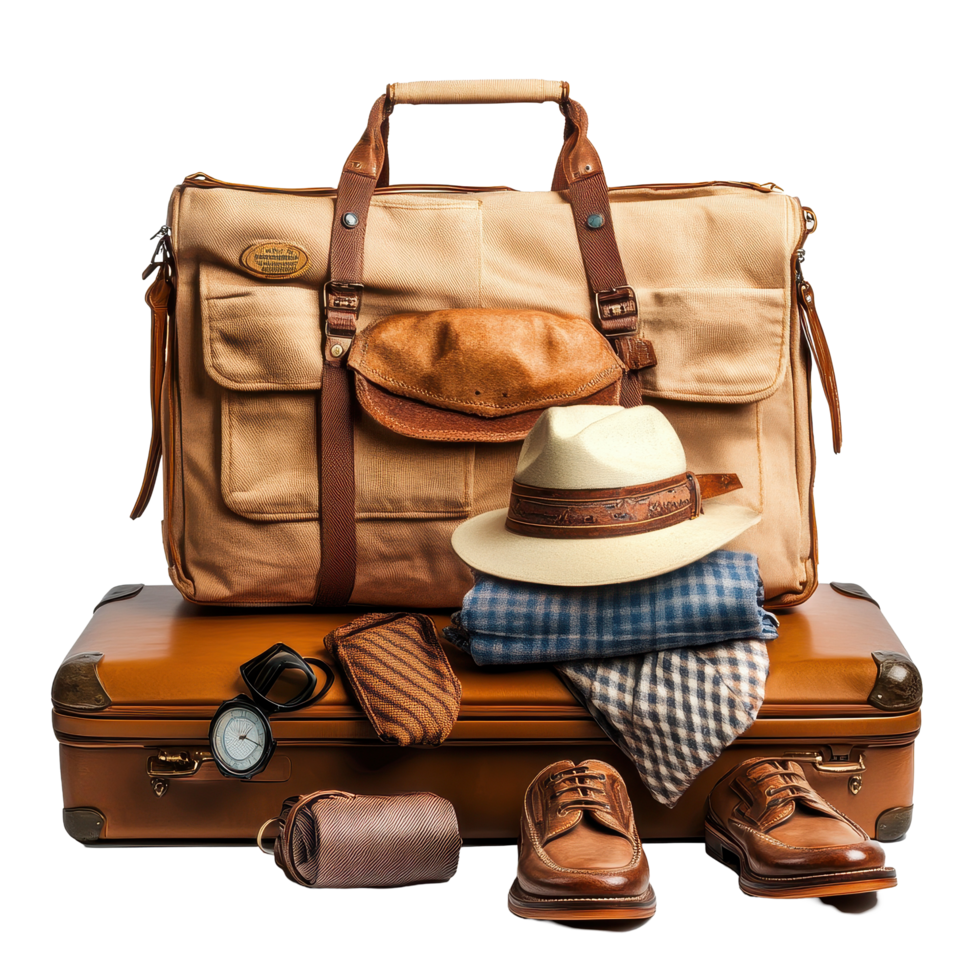 Travel suitcase packed with essentials for an adventure on a Transparent background, Travel suitcase on background png