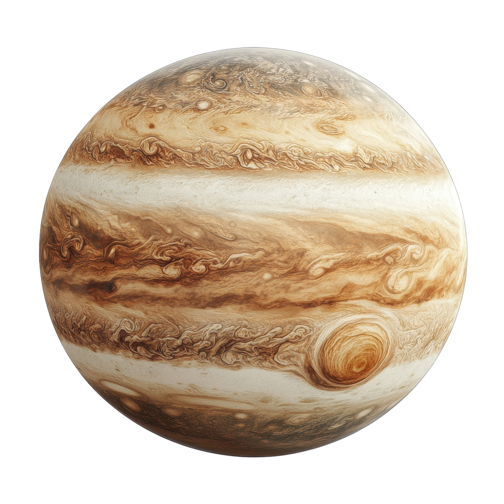 Jupiter planet displayed against a Transparent background showcasing its distinct bands and Great Red Spot, jupiter planet isolated on background png