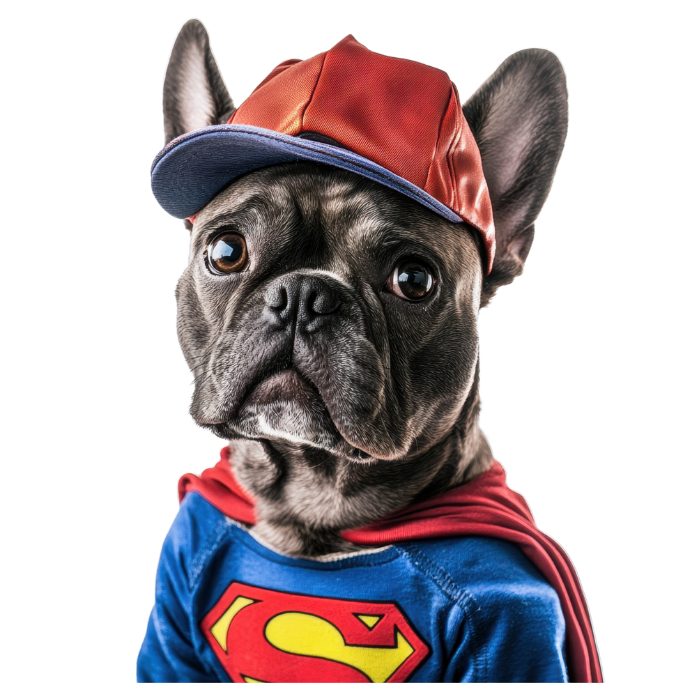 Dog dressed in superhero costume with cap on a Transparent background showcasing playful essence, Dog in Superman Costume with Cap on background png