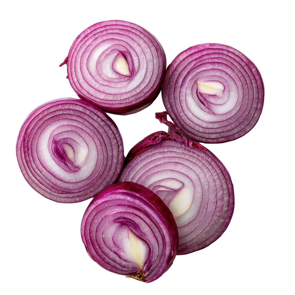 Slices of red onion isolated on a Transparent background for culinary use and food presentation, red onion slices isolated on background png