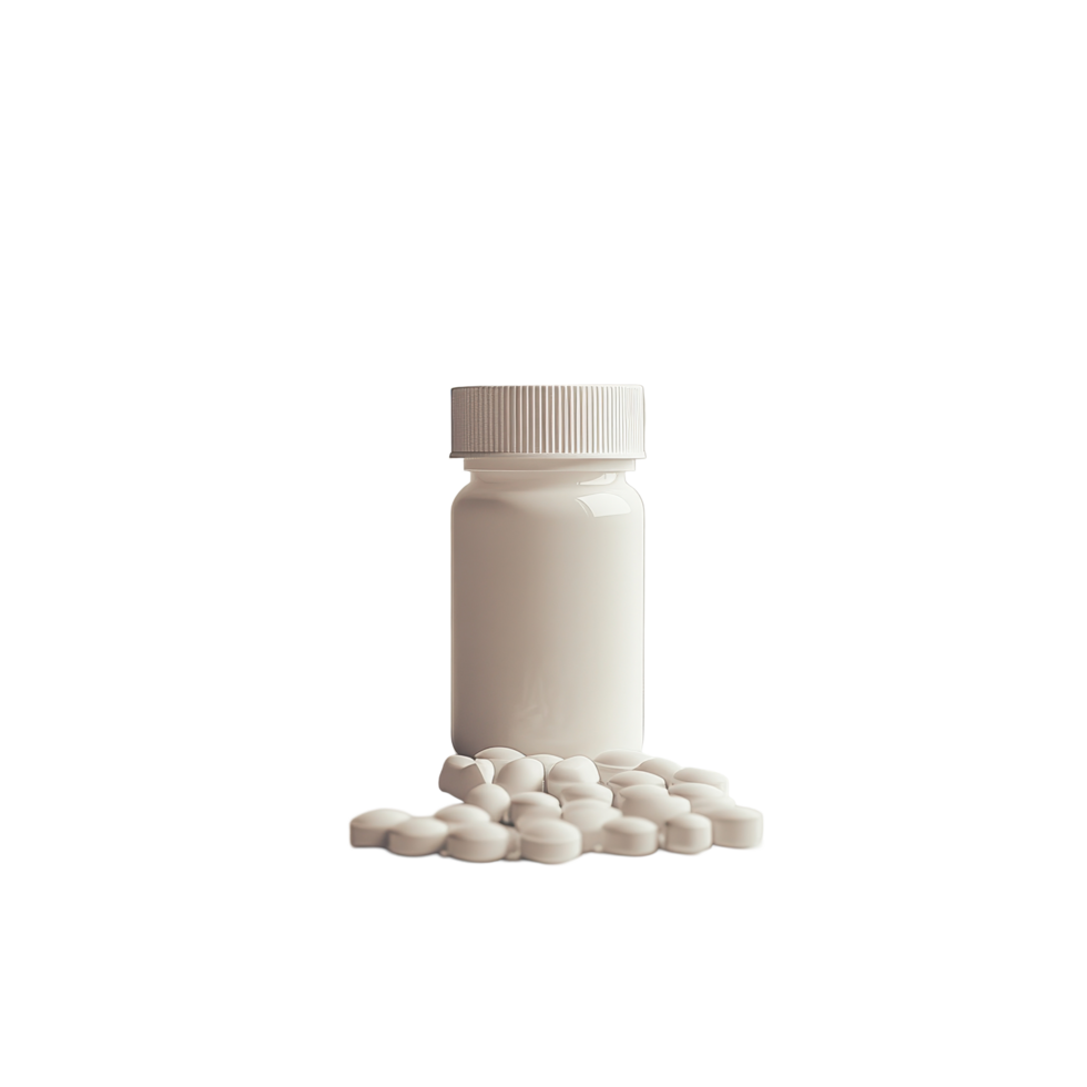 White pills and bottle placed on a neutral surface in a well lit environment for health or pharmaceutical purposes, white pills in pill bottle on png