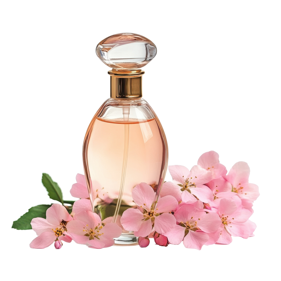 Elegant perfume bottle with delicate pink flowers isolated on a Transparent background, Perfume bottle and flowers isolated on background png