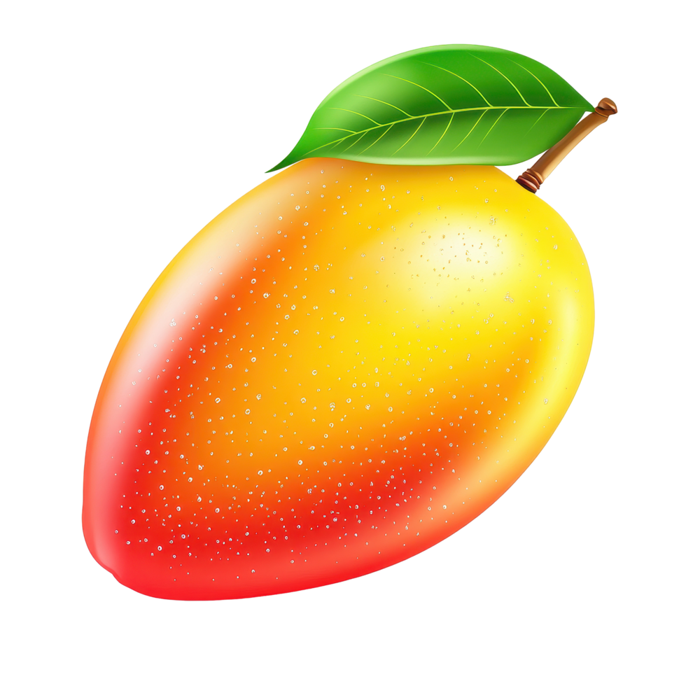 Fresh mango with vibrant yellow and red hues accompanied by a green leaf against a Transparent background, mango with leafisolated on background png