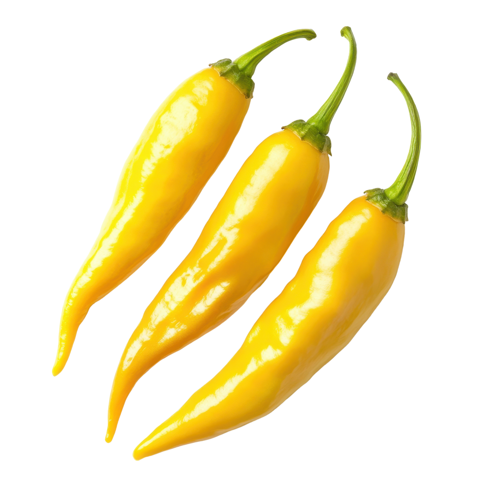 Bright yellow chili peppers showcasing natural shine isolated on a Transparent background, yellow chilli isolated on background png