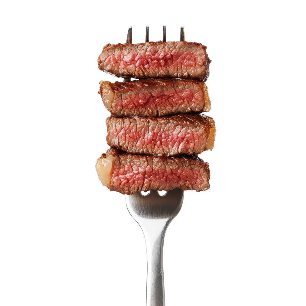 Slices of beef steak on a fork isolated against a Transparent background showcasing juicy texture and preparation, Slices beef steak on a fork isolated on background png
