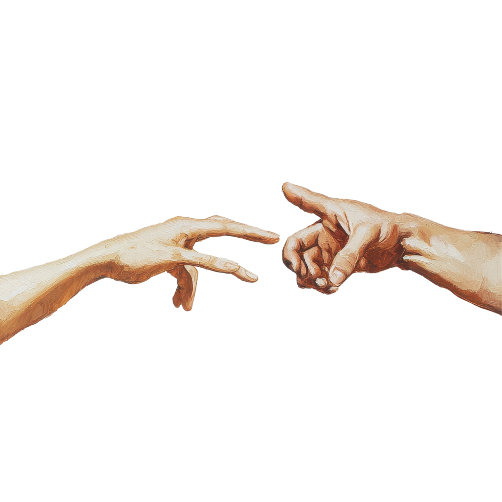 Reaching hands illustrate the connection and longing in a painted art composition, pair hands reaching for each other in a painting, Transparent background png