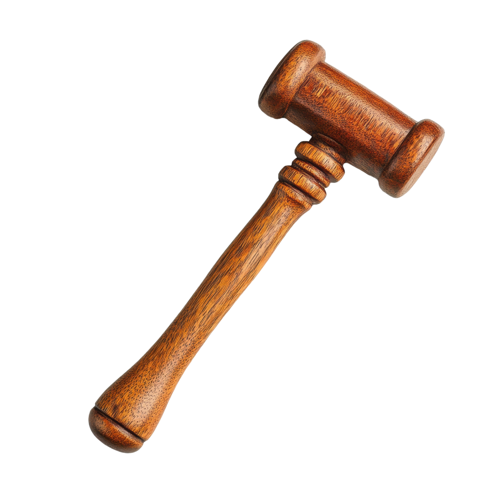 Classic brown wooden gavel rests on a sleek laptop, symbolizing legal authority and decision making in modern context, Classic brown justice wooden hammer on laptop png