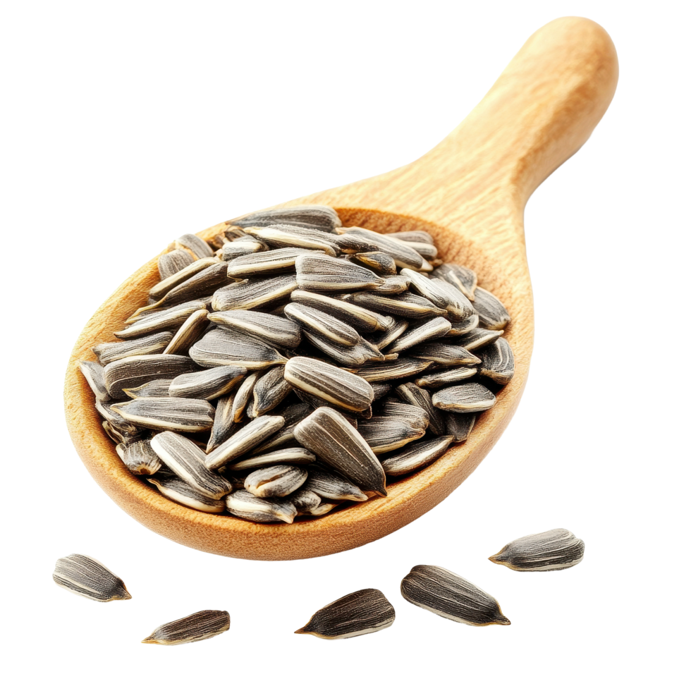 Sunflower seeds in wooden spoon isolated against a Transparent background for healthy snacking and culinary uses, sunflower seeds in wood spoon isolated on background png