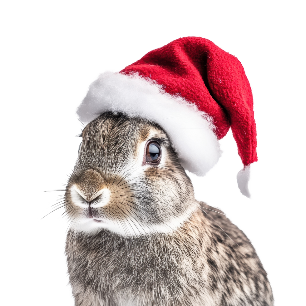 Rabbit wearing a festive Christmas hat poses with joy on a bright Transparent background, Rabbit wearing a christmas hat on background png