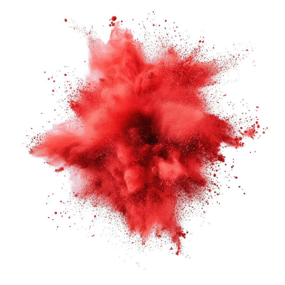 Vibrant red color powder explosion creating dynamic visual effect on Transparent background, red color powder explosion isolated on background png