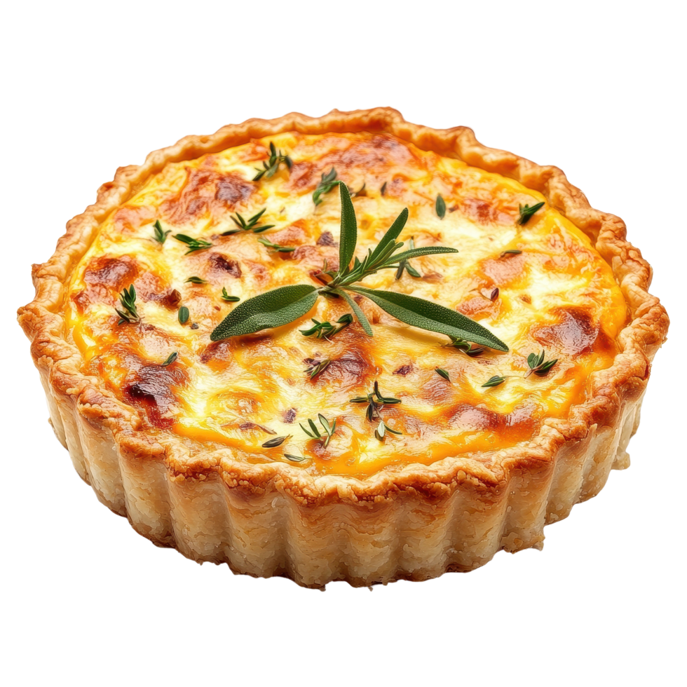 Savory quiche with herbs on a Transparent background showcasing delicious textures and golden crust, Quiche isolated on background png