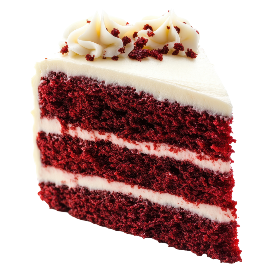 Slice of red velvet cake with cream cheese frosting on a clean Transparent background, red velvet cake slice isolated on background png