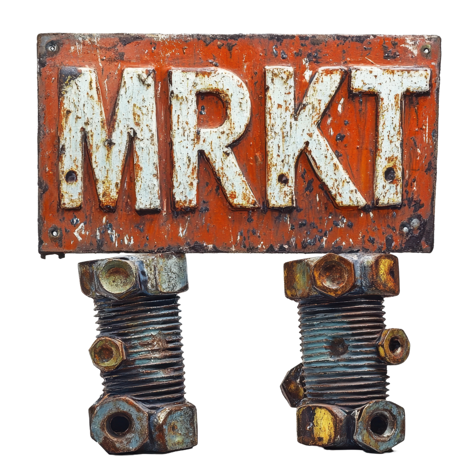 Creative sign displaying the word market with bolts as stands against a Transparent background, sign that says market with a lot bolts, background png