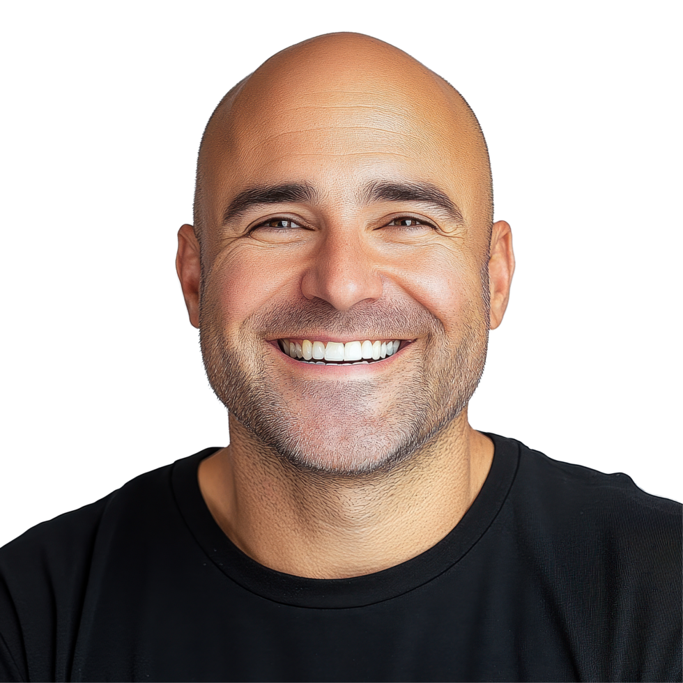 Smiling bald man with a cheerful expression against a bright Transparent background showcasing warmth and positivity, smiling bald man smiling across a background png