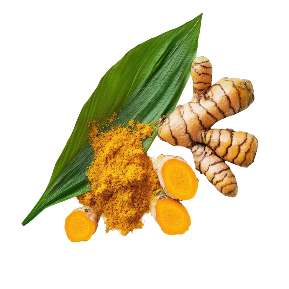 Fresh turmeric root, powder, and leaf presented on a Transparent background for culinary and health uses, turmeric with leaf isolated on background png