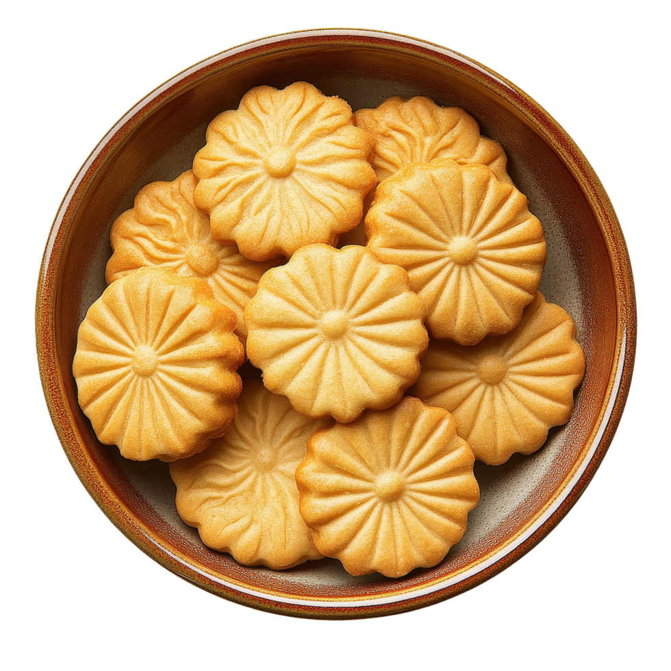 Freshly baked cookies in beautiful floral shapes on a ceramic plate with a simple background, cookie in ceramic plate beautiful shapeisolated on Transparent background png