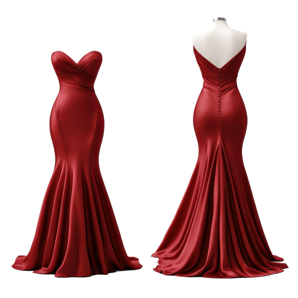 Elegant red satin gown mockup showcasing front and back views for fashion design presentations, Elegant Red Satin Gown Mockup from Front and Back Views on white background png