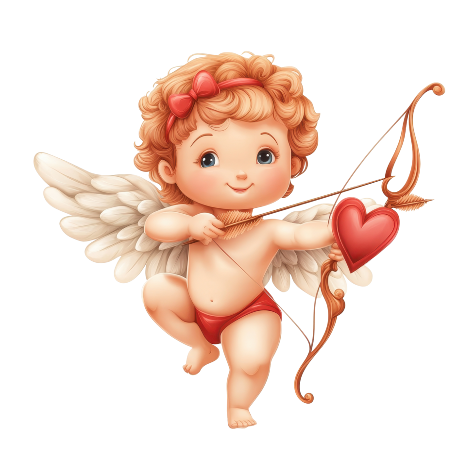 Happy Valentines Day Cupid with Bow and Heart in a Playful Pose, Happy Valentines Day Cupid realistic with Bow and Arrows on white background png