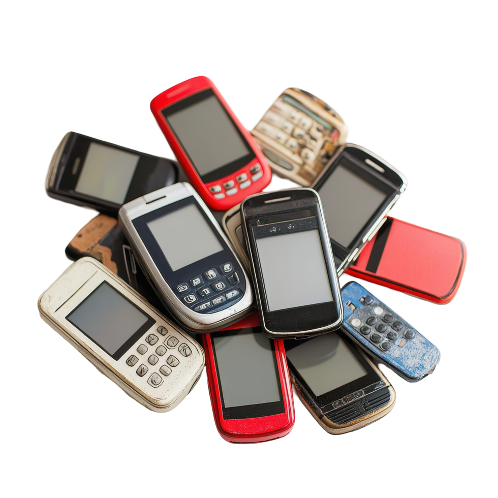 Collection of various mobile phones stacked on a white background showcasing different designs and styles, Bunch mobile phones png
