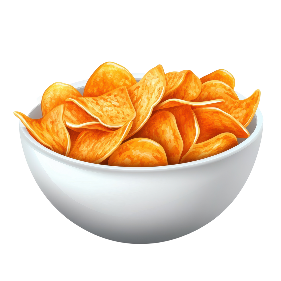 Delicious bowl of crispy chips on a clean white background perfect for entertaining or snacking, Bowl delicious chips on white background png