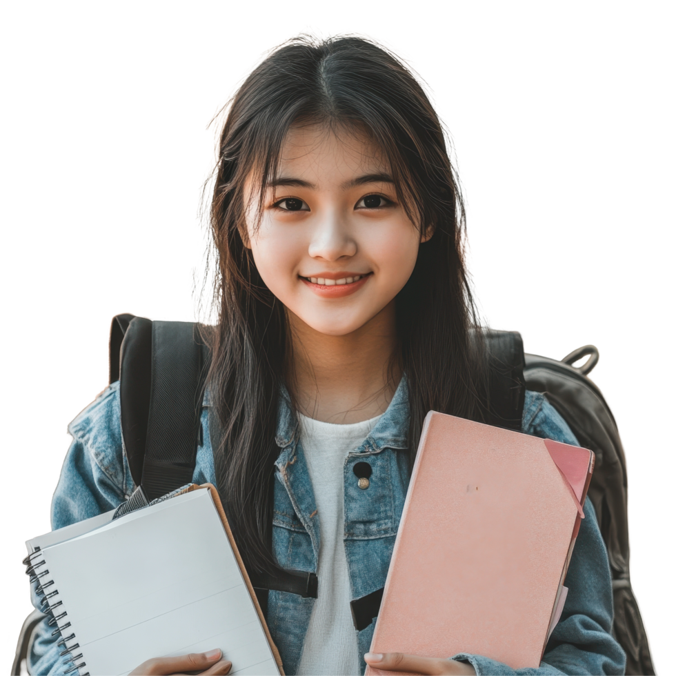 Young Asian girl carrying notebooks and wearing a backpack outdoors in a bright, sunny environment, Young Asian girl wearing a backpack and carrying notebooks png