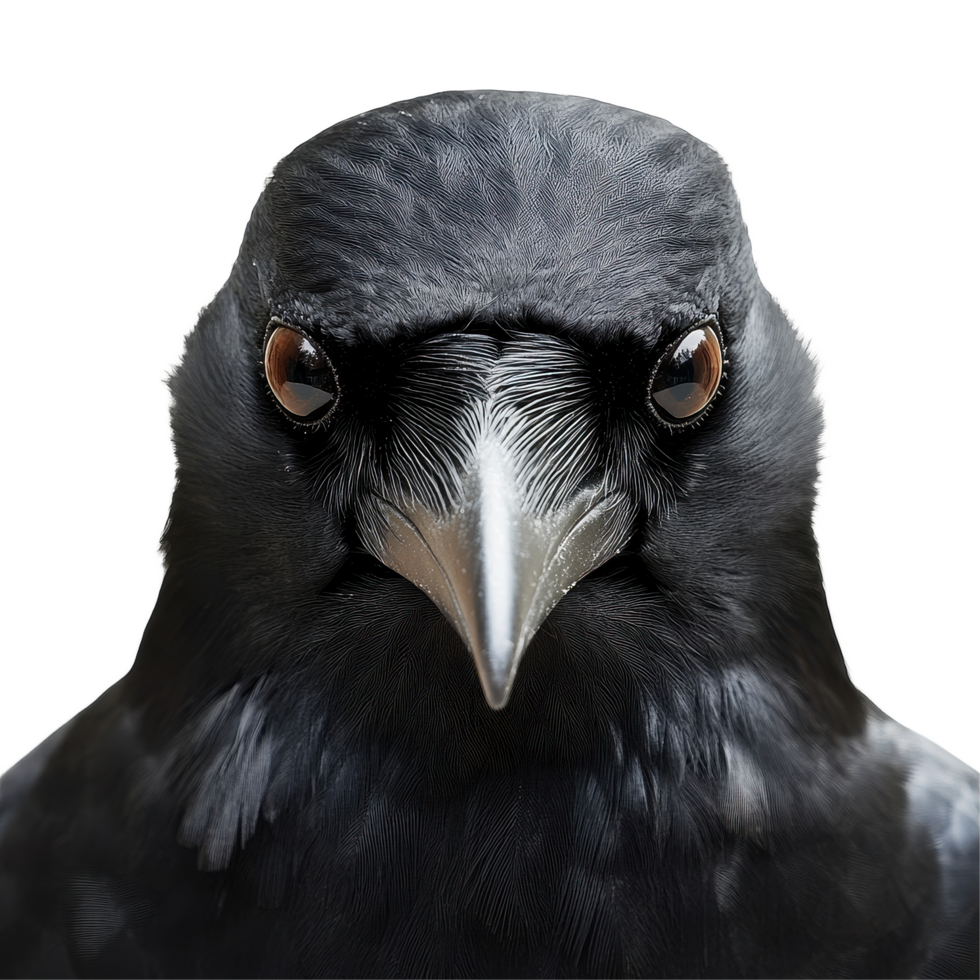 Closeup view of a crow showcasing striking features against a Transparent background, crow face shot isolated on background png