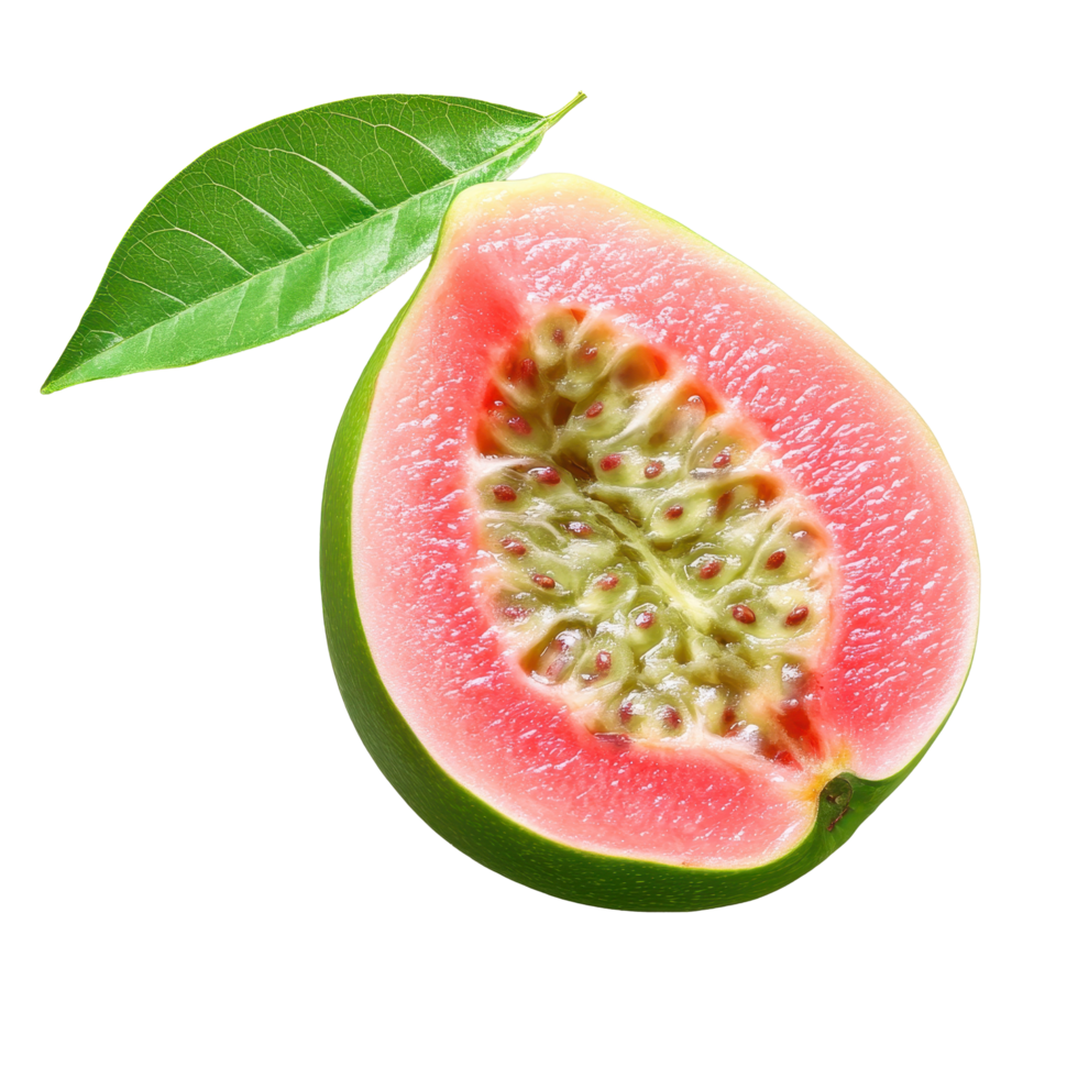 Fresh sliced guava with vibrant pink pulp and green leaf on white background, Guava Slice tropical fruitisolated on white background png