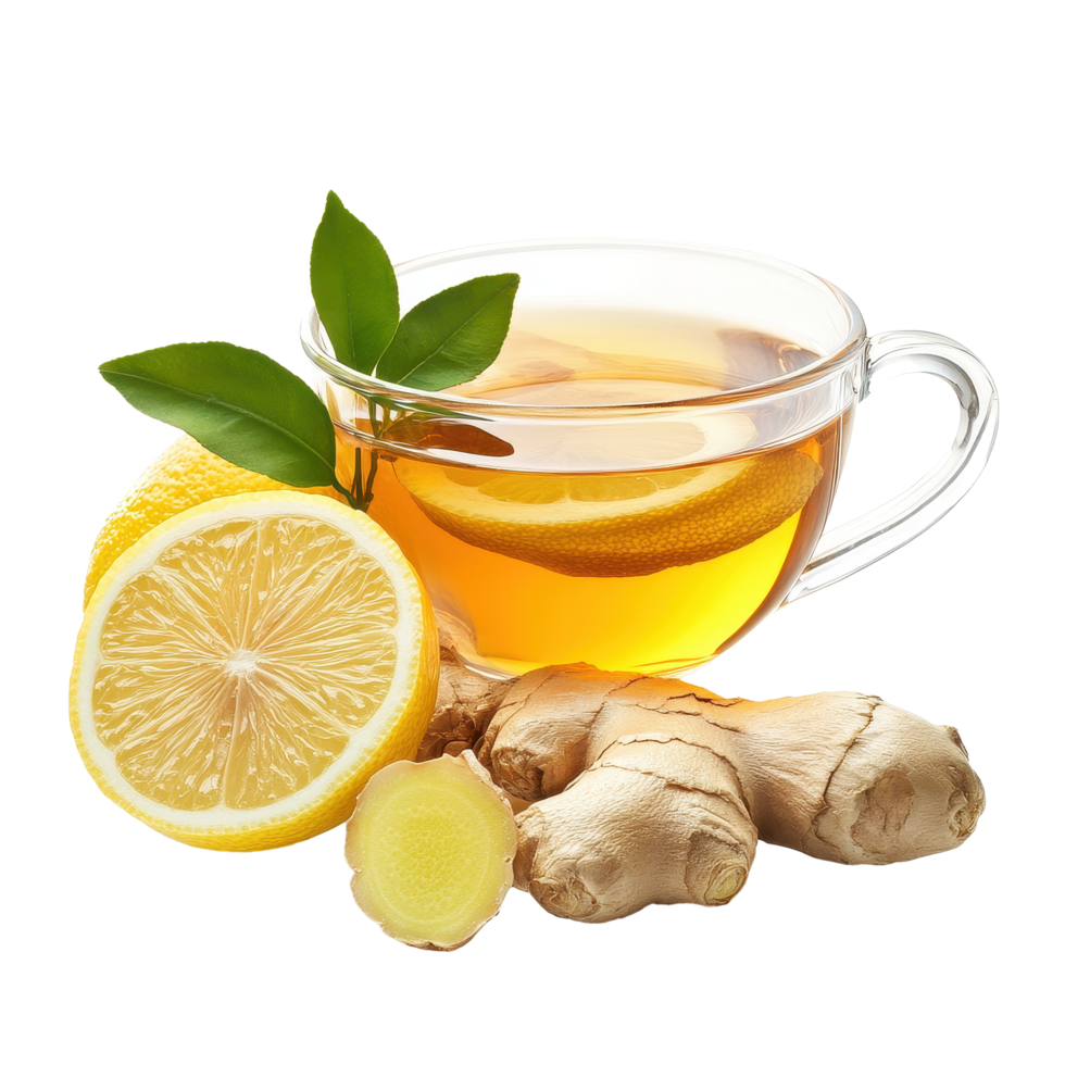 Delicious ginger tea with fresh lemon and ginger roots for a soothing beverage option, Fresh ginger roots, lemon and cup tea isolated on white background png