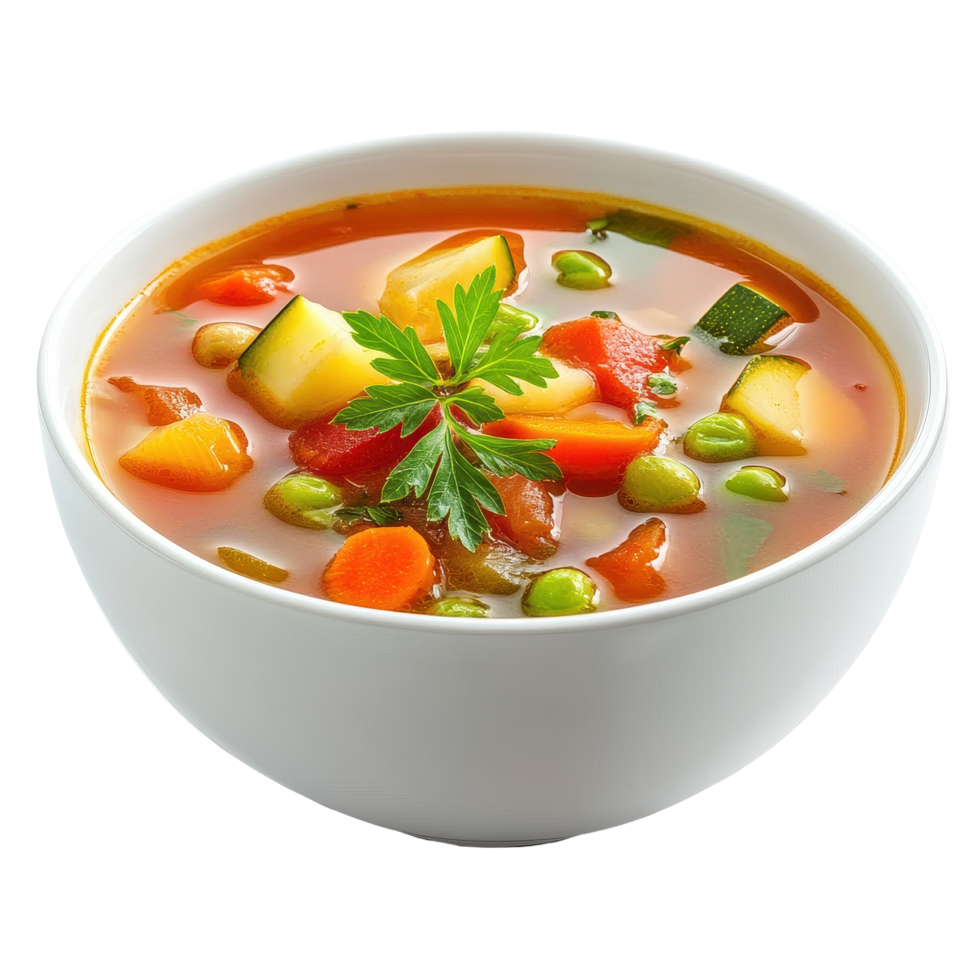 Vegetable soup with fresh ingredients served in a white bowl isolated on a Transparent background, Vegetable soup isolated on a background png