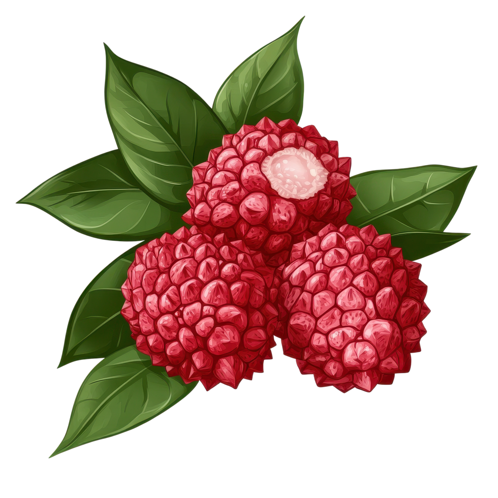 Fresh lychee fruit with vibrant green leaves on a clean Transparent background captures tropical essence, lychee tropical fruit with leaves on background png